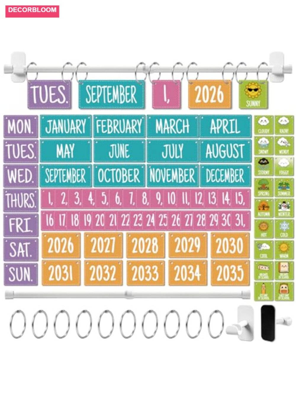 Magnetic Flip Calendar Classroom White Board with 79 Cards Adjustable Rod